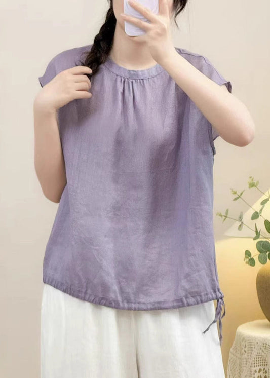 Solide O Leinen Spitze Lila Up Shirts Hals Sommer