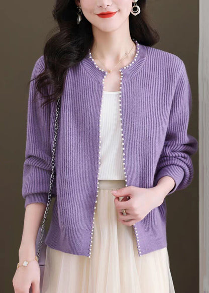 Purple Nail Bead Solid Knit Fall Cardigan O Neck QI006