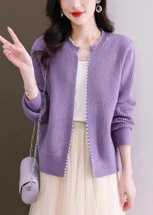 Purple Nail Bead Solid Knit Fall Cardigan O Neck QI006