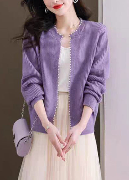 Purple Nail Bead Solid Knit Fall Cardigan O Neck QI006