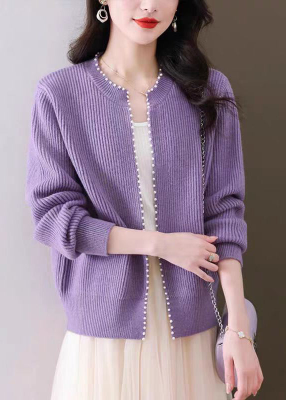 Purple Nail Bead Solid Knit Fall Cardigan O Neck QI006