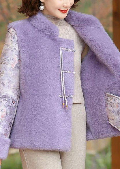 Purple Pockets Patchwork Mink Velvet Coat Stand Collar Winter RZ027