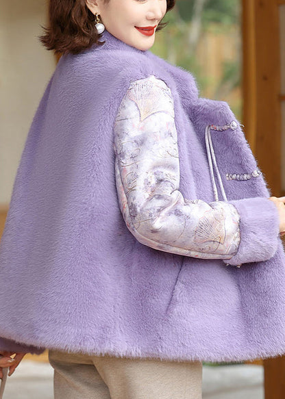 Purple Pockets Patchwork Mink Velvet Coat Stand Collar Winter RZ027