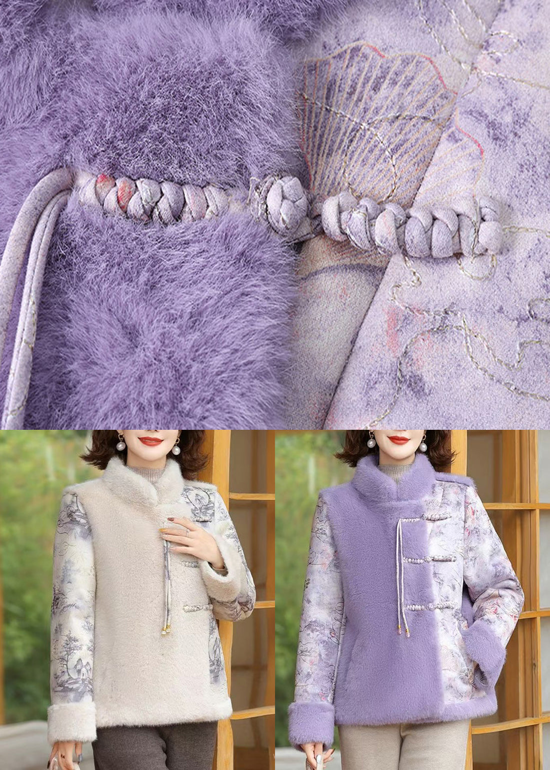 Purple Pockets Patchwork Mink Velvet Coat Stand Collar Winter RZ027