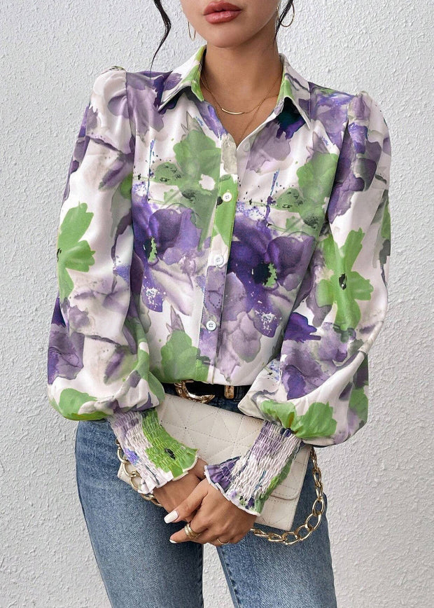 Lila Baumwollbluse mit Printkragen von Pan Peter Spring