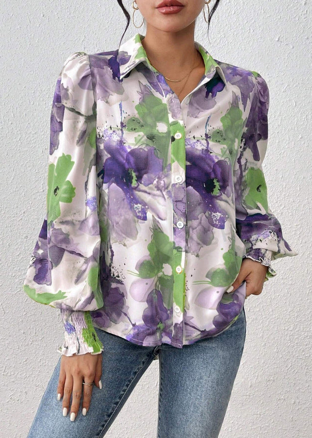 Lila Baumwollbluse mit Printkragen von Pan Peter Spring