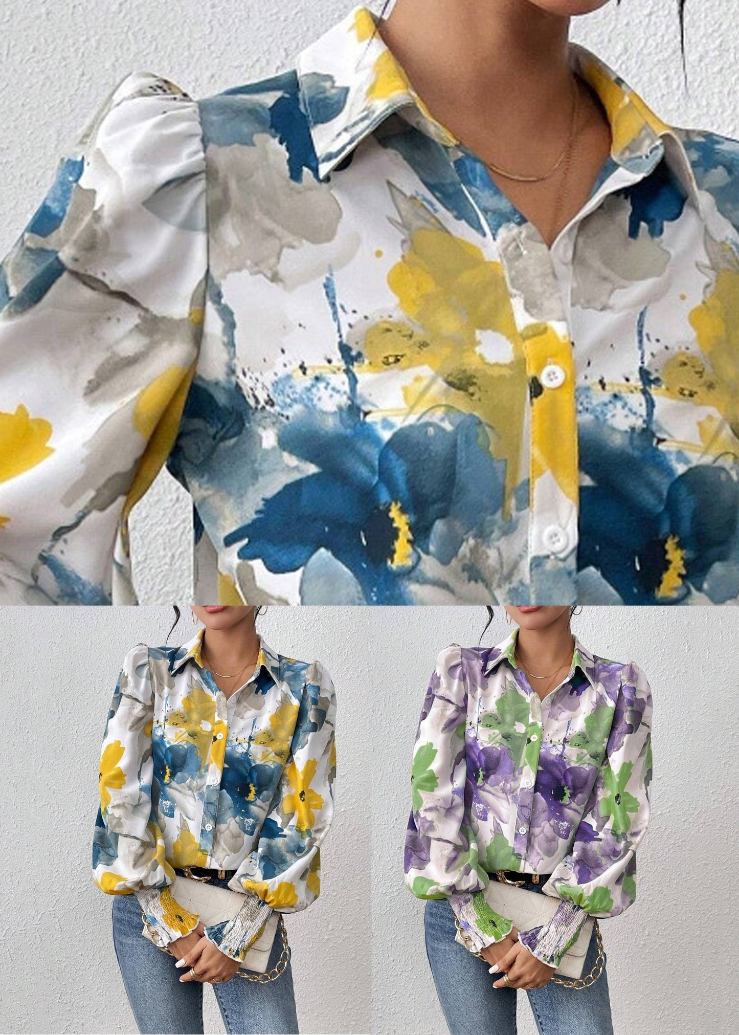 Lila Baumwollbluse mit Printkragen von Pan Peter Spring