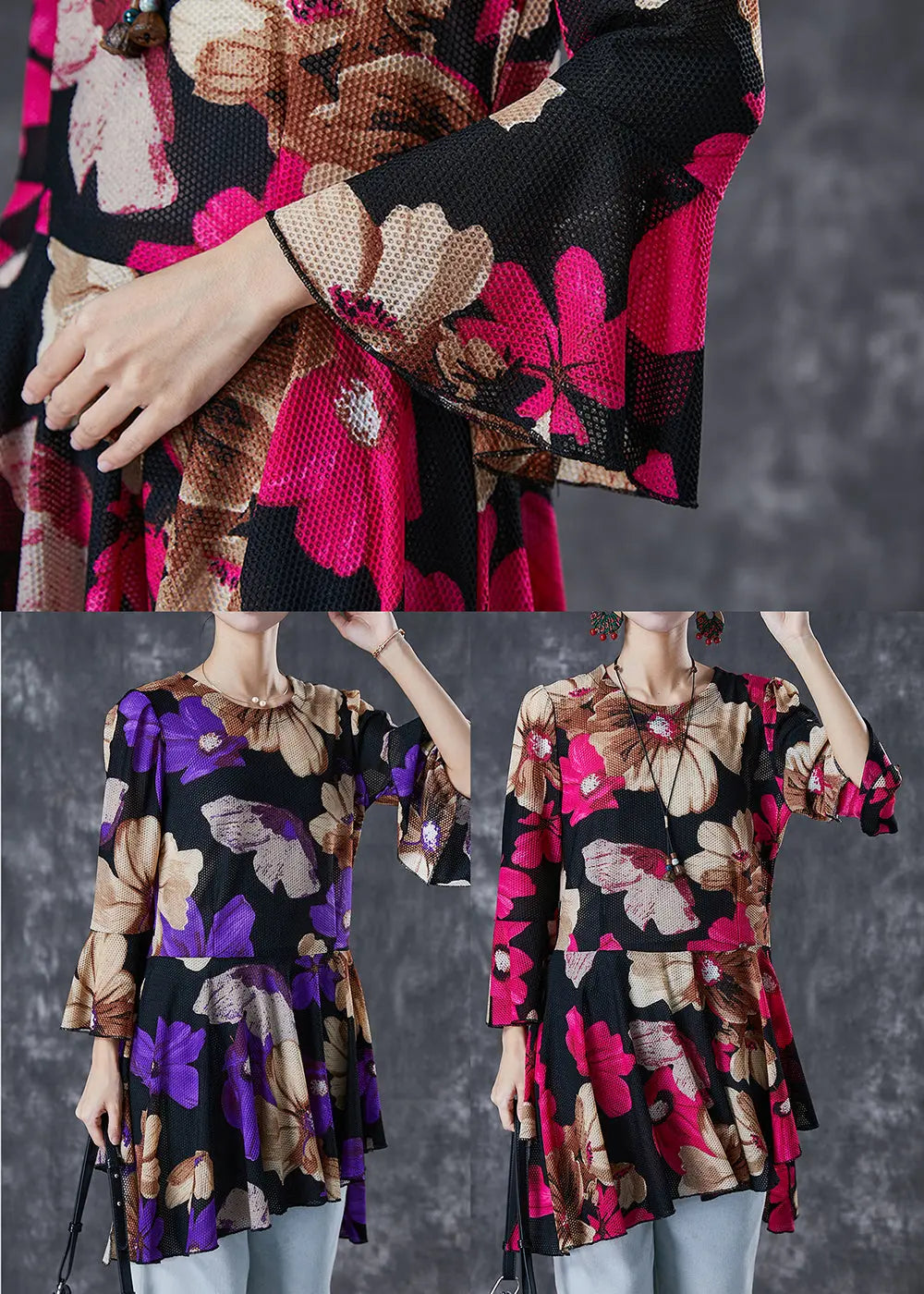 Purple Print Tulle Blouse Tops Exra Large Hem Flare Sleeve Ada Fashion