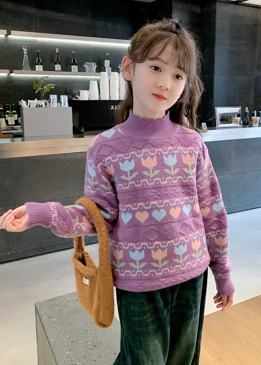 Purple Turtleneck Print Cotton Knit Kids Sweater Spring TP040