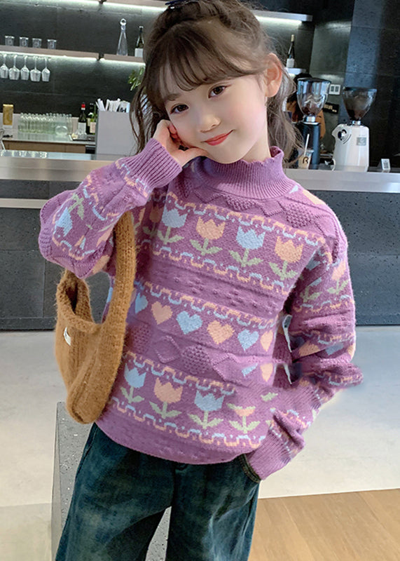 Purple Turtleneck Print Cotton Knit Kids Sweater Spring TP040