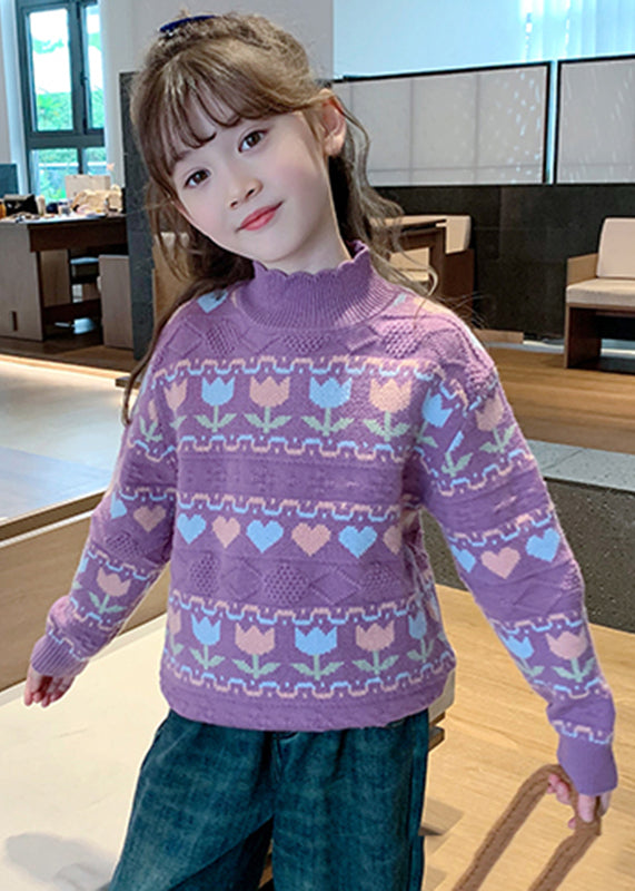 Purple Turtleneck Print Cotton Knit Kids Sweater Spring TP040