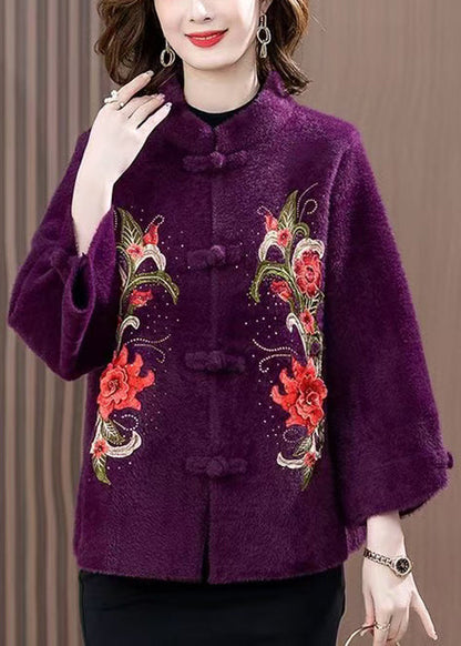 Purple Zircon Embroidered Mink Velvet Spring Coat Stand Collar RZ015