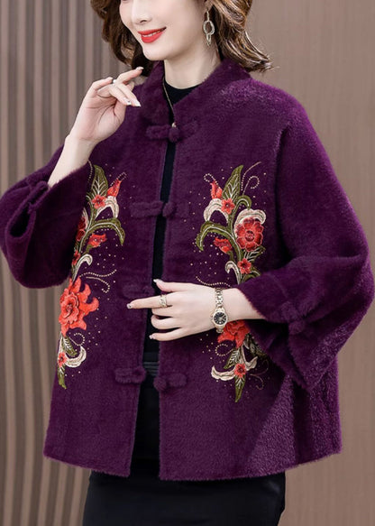 Purple Zircon Embroidered Mink Velvet Spring Coat Stand Collar RZ015