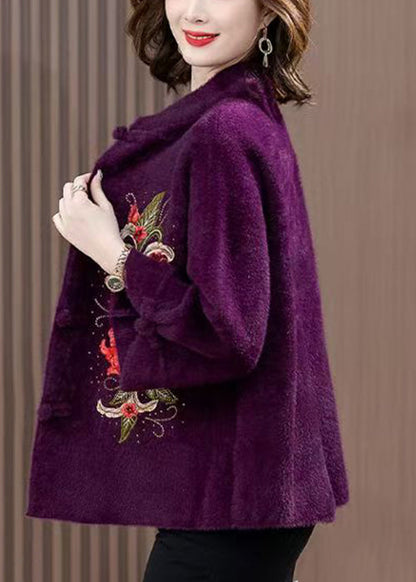 Purple Zircon Embroidered Mink Velvet Spring Coat Stand Collar RZ015