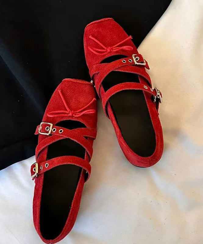 Red Boutique Wedge Strap Cross Splicing Suede Bow Shoes