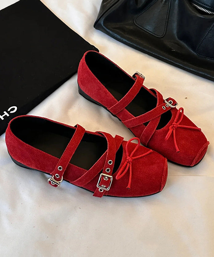 Red Boutique Wedge Strap Cross Splicing Suede Bow Shoes