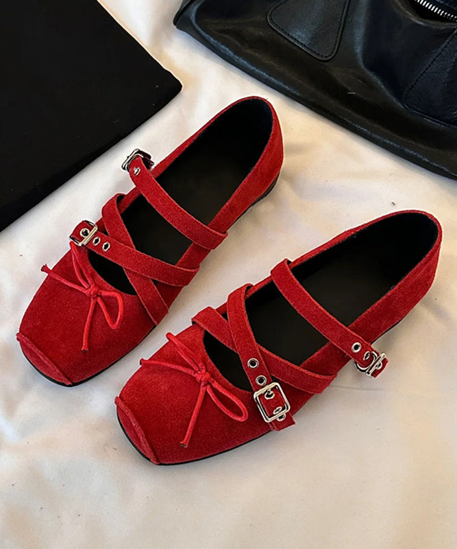Red Boutique Wedge Strap Cross Splicing Suede Bow Shoes