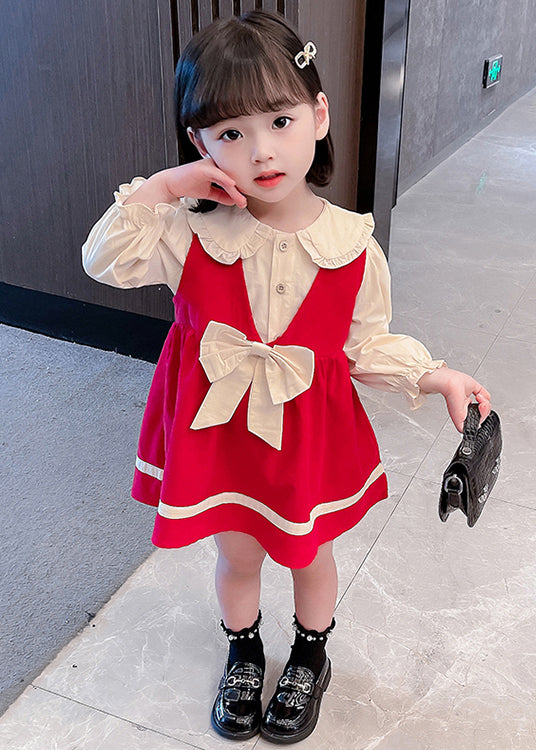 Red Button Cotton Girls Two Pieces Set Peter Pan Collar Long Sleeve XZ067