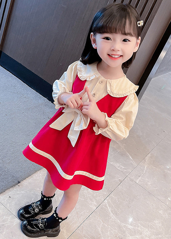 Red Button Cotton Girls Two Pieces Set Peter Pan Collar Long Sleeve XZ067