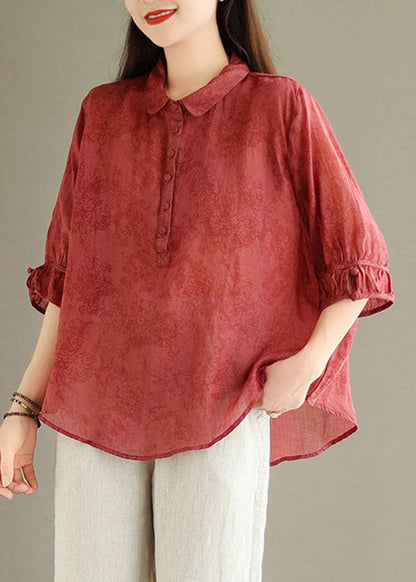 Red Button Print Linen Blouses Peter Pan Collar Summer GG050