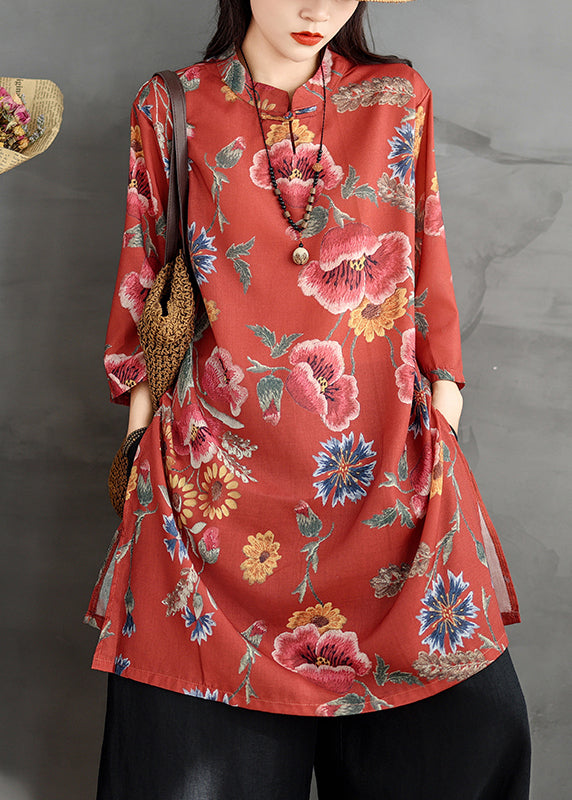 Chemise en lin à col boutonné, manches rouges, bracelet imprimé