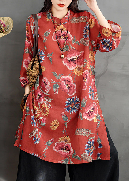 Chemise en lin à col boutonné, manches rouges, bracelet imprimé