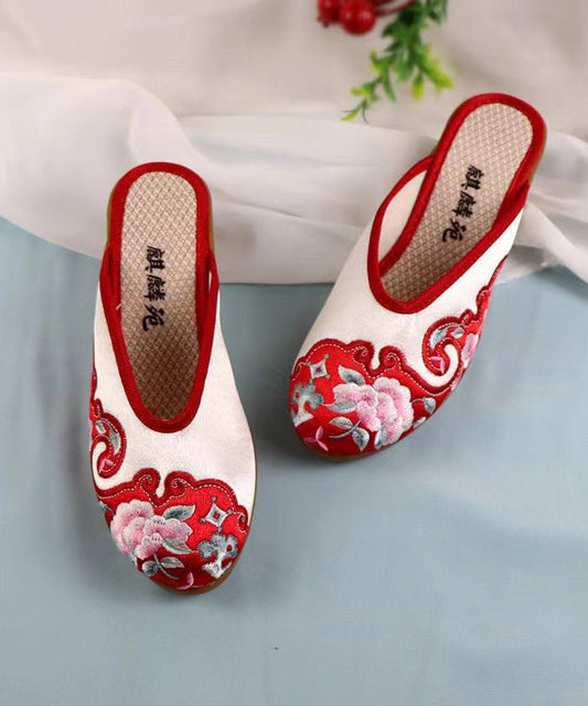 Red Chunky Cotton Fabric Boho Embroidery Slide Sandals CZ1041