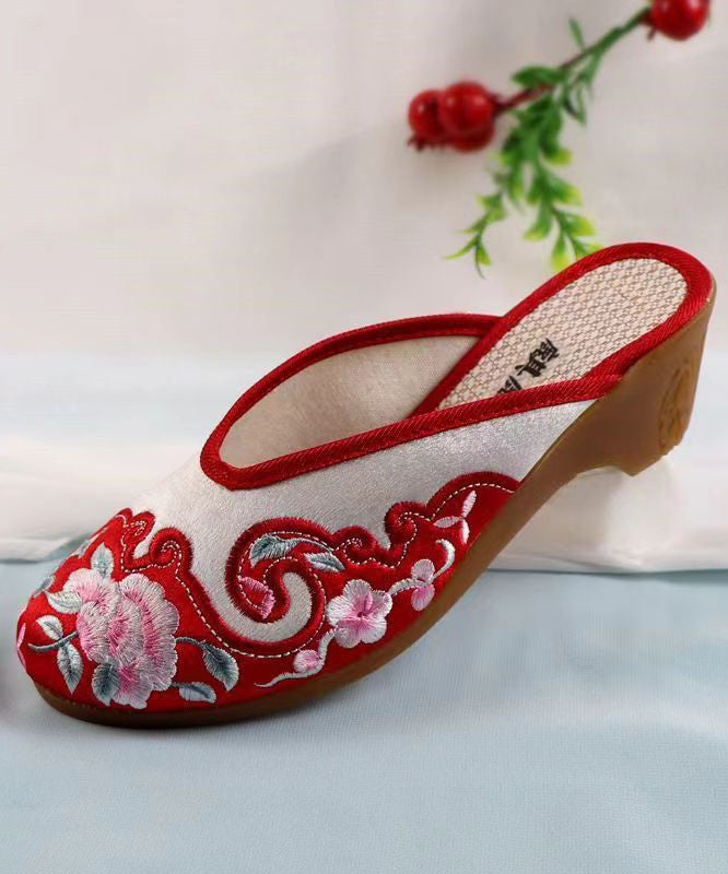 Red Chunky Cotton Fabric Boho Embroidery Slide Sandals CZ1041