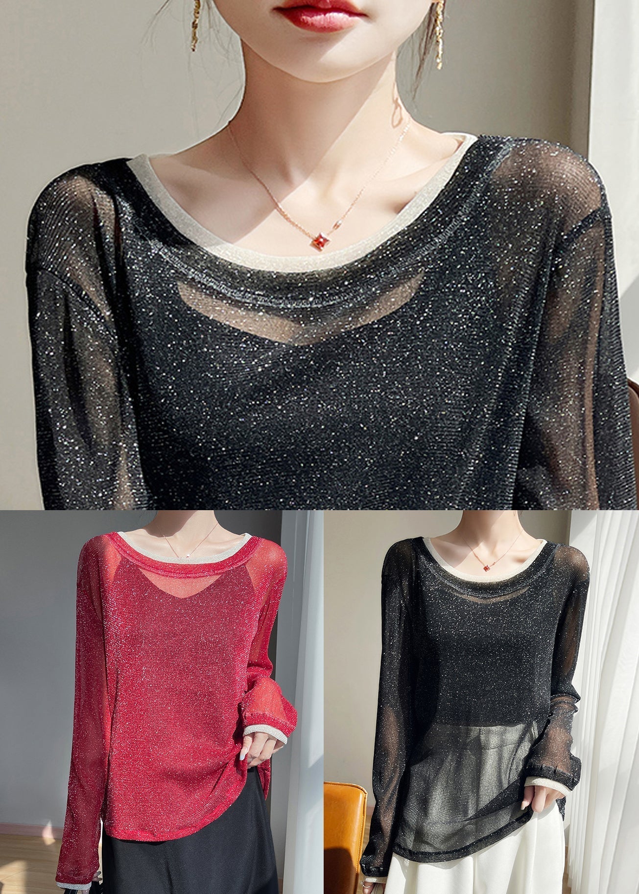 Two Pieces Summer Shirt T Red Neck O Tulle Patchwork False