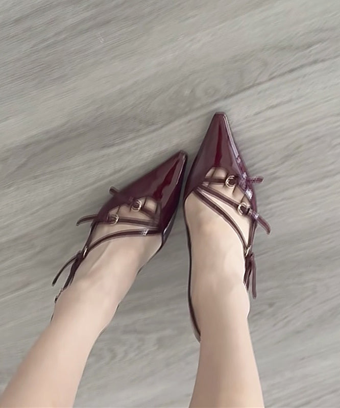 Leather High Faux Heels Sandals Pointed Splicing Red Toe