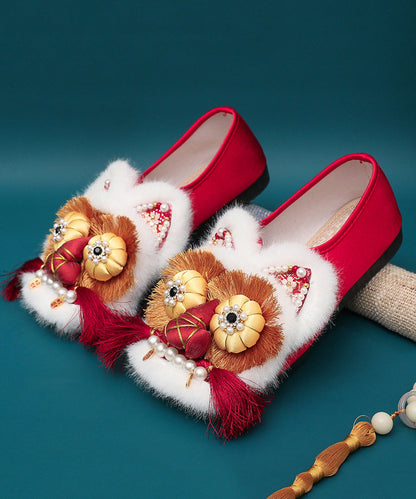 Red Flat Shoes Splicing Handmade Embroidery Nail Bead TQ044