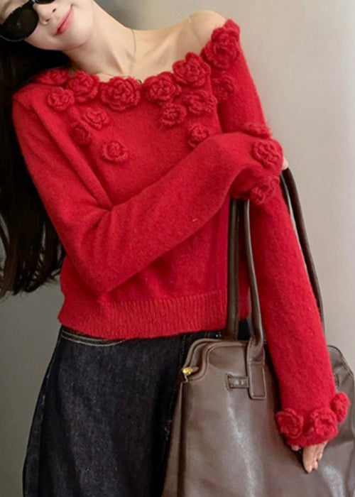 Red Floral Patchwork Knit Sweater Asymmetrical Winter WX023