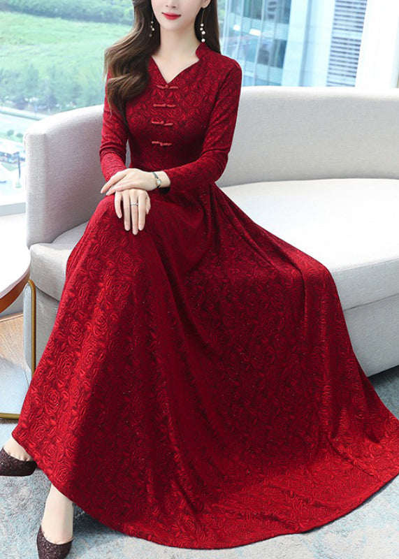 Rotes, schmal geschnittenes, orientalisches Jacquard-Baumwollkleid mit extra großem Saum, Herbst OO028