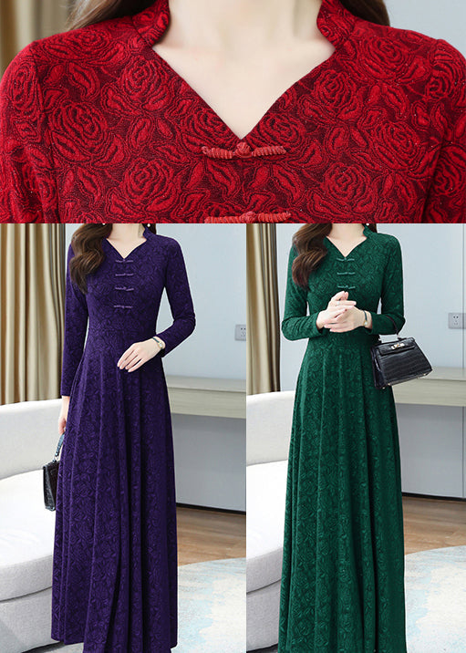 Red Jacquard Slim Fit Cotton Oriental Dress Extra Large Hem Fall OO028