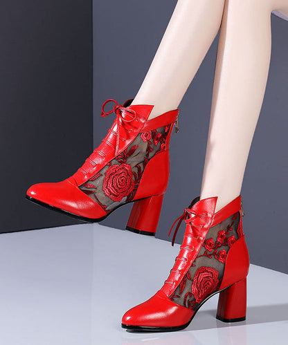 Red Lace Up Cowhide Leather Hollow Out Chunky Boots RT1076