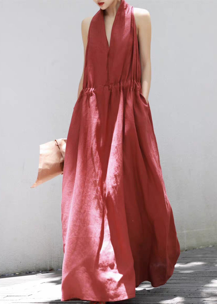 Robe unie à col long et manches longues, rouge, dentelle et coton, été