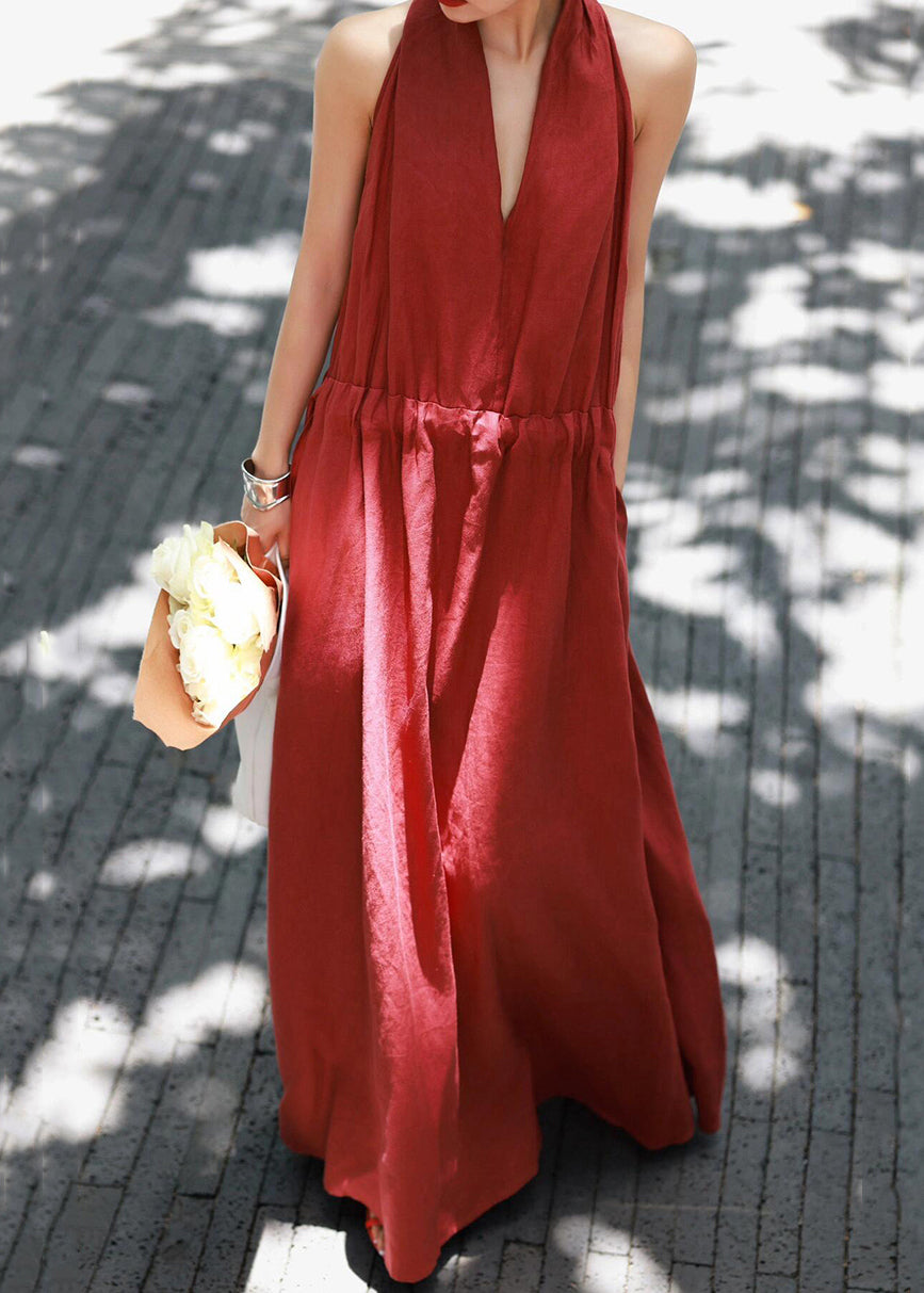 Robe unie à col long et manches longues, rouge, dentelle et coton, été