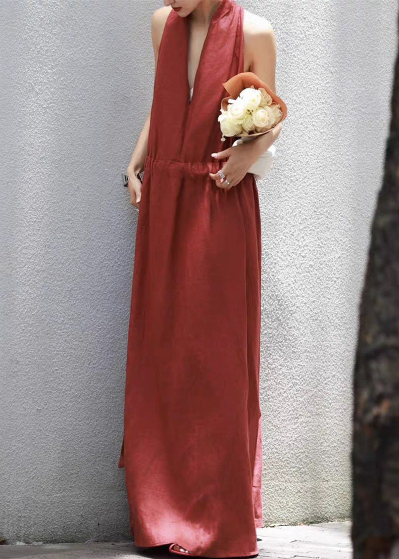 Robe unie à col long et manches longues, rouge, dentelle et coton, été
