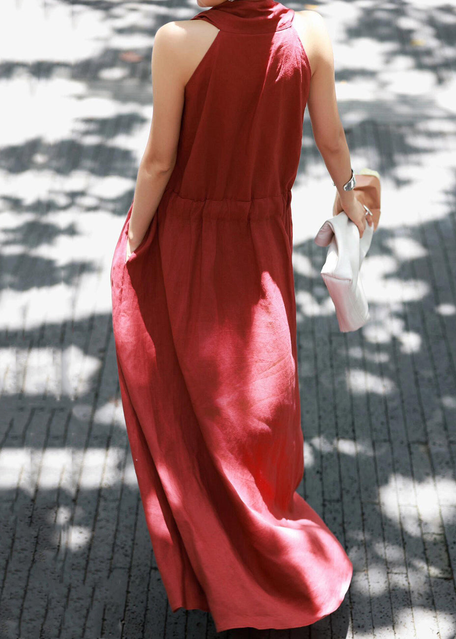 Robe unie à col long et manches longues, rouge, dentelle et coton, été