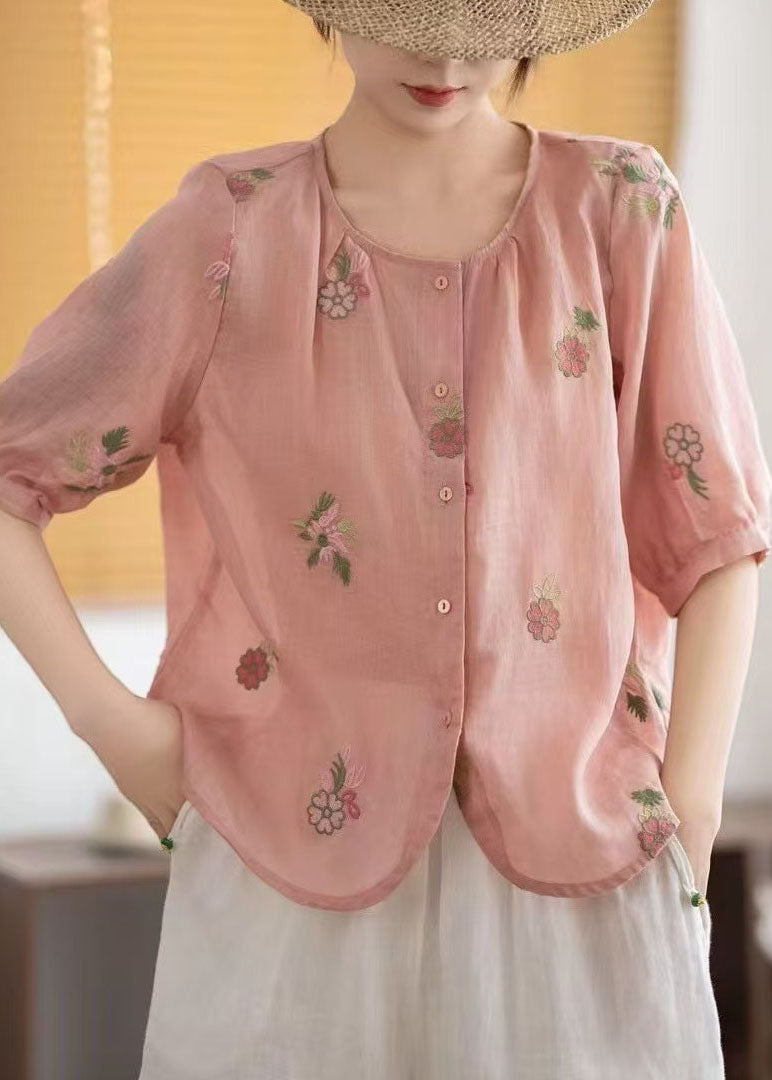 Linen Summer O-Neck Embroidered Shirts Red