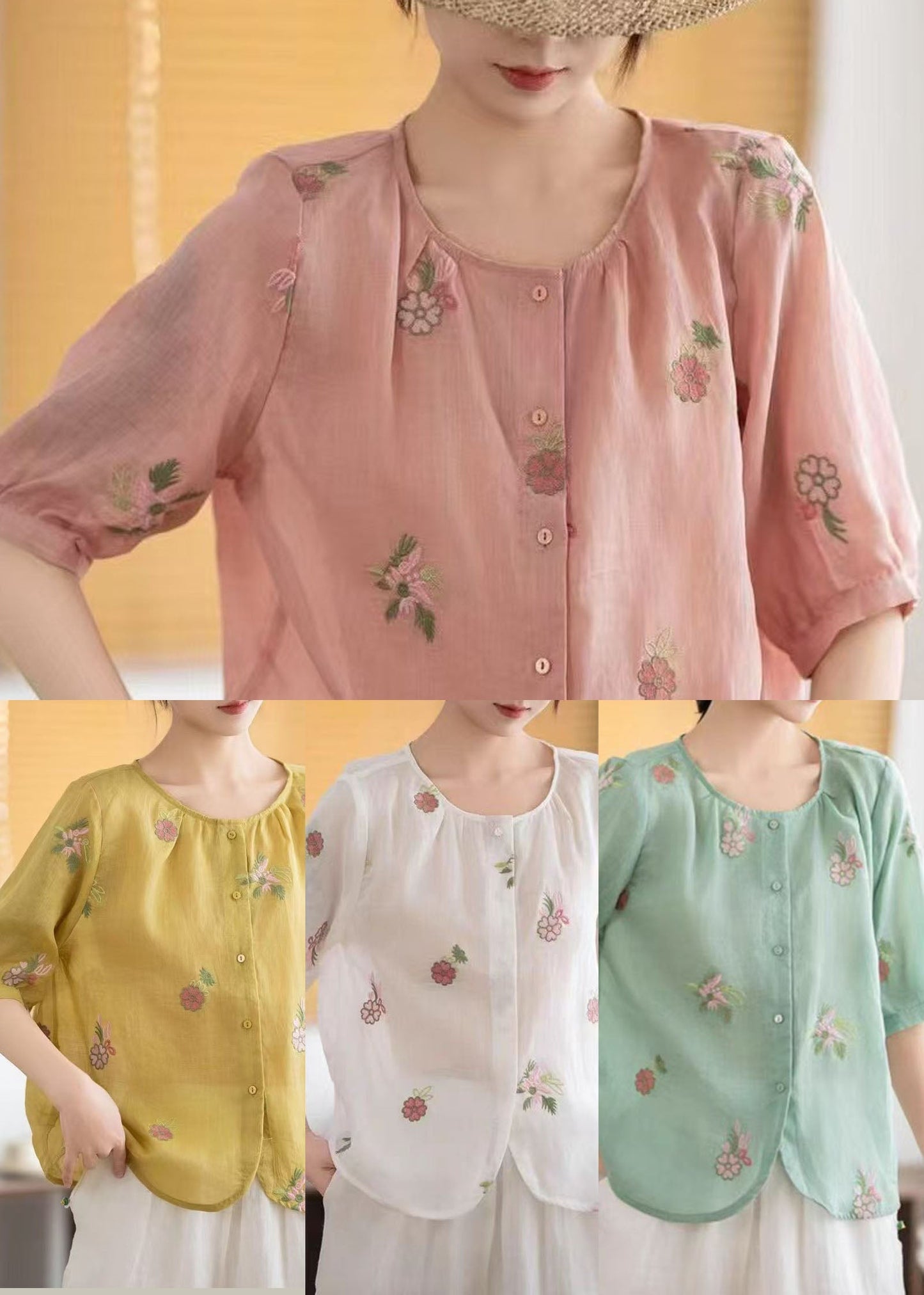 Linen Summer O-Neck Embroidered Shirts Red