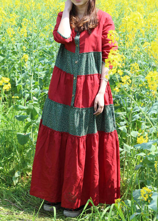 Robe longue rouge à col rond et à plis en patchwork, printemps VB1030