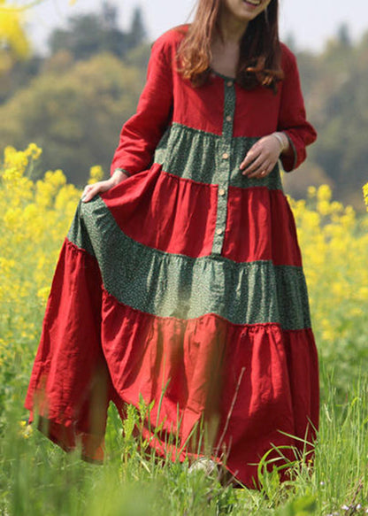 Robe longue rouge à col rond et à plis en patchwork, printemps VB1030