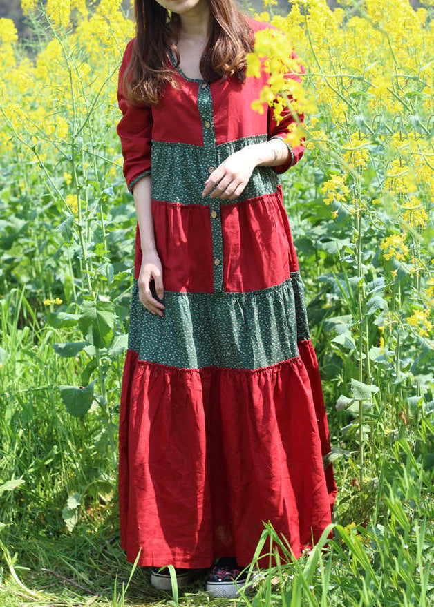 Robe longue rouge à col rond et à plis en patchwork, printemps VB1030