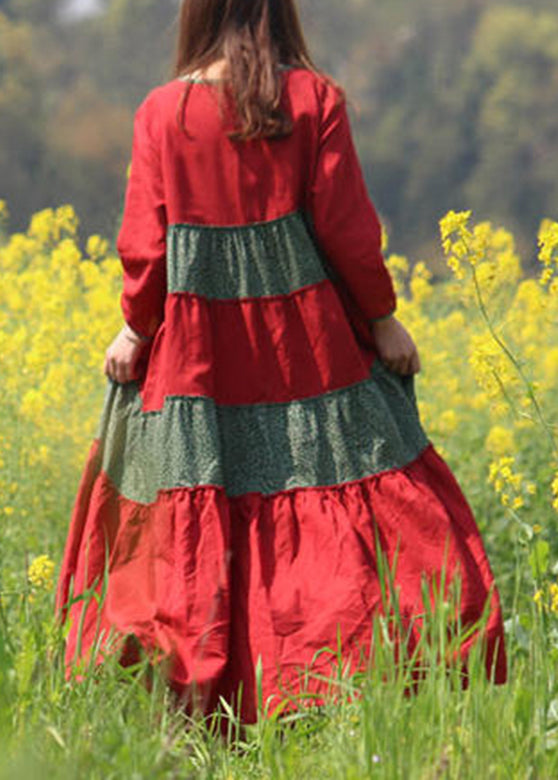 Robe longue rouge à col rond et à plis en patchwork, printemps VB1030