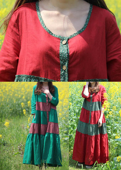 Robe longue rouge à col rond et à plis en patchwork, printemps VB1030