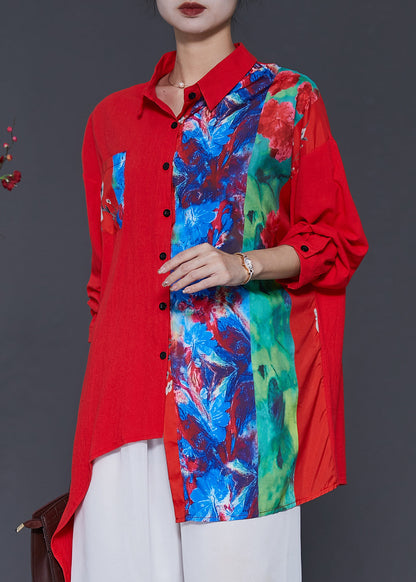 Red Patchwork Linen Blouse Top Oversized Spring SD1048