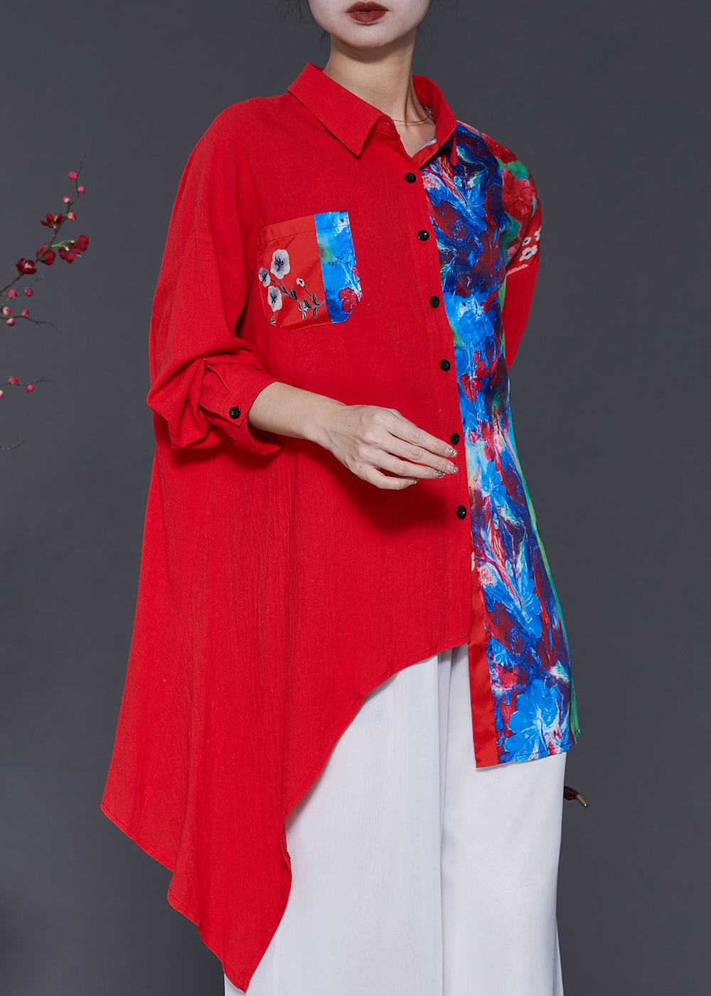 Rote Patchwork Leinen Bluse Top Übergroß Frühling SD1048