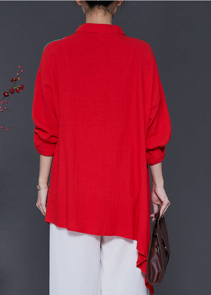 Red Patchwork Linen Blouse Top Oversized Spring SD1048