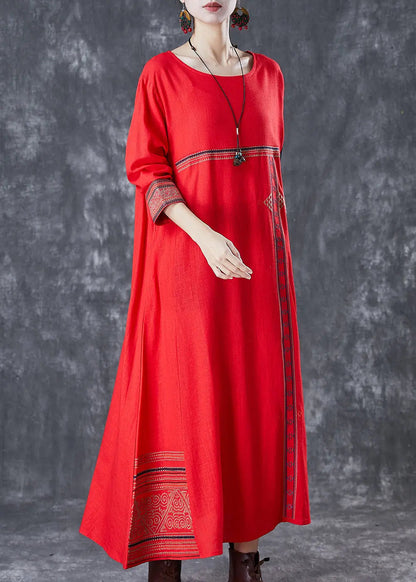 Red Patchwork Linen Maxi Dresses Embroidered Spring Ada Fashion